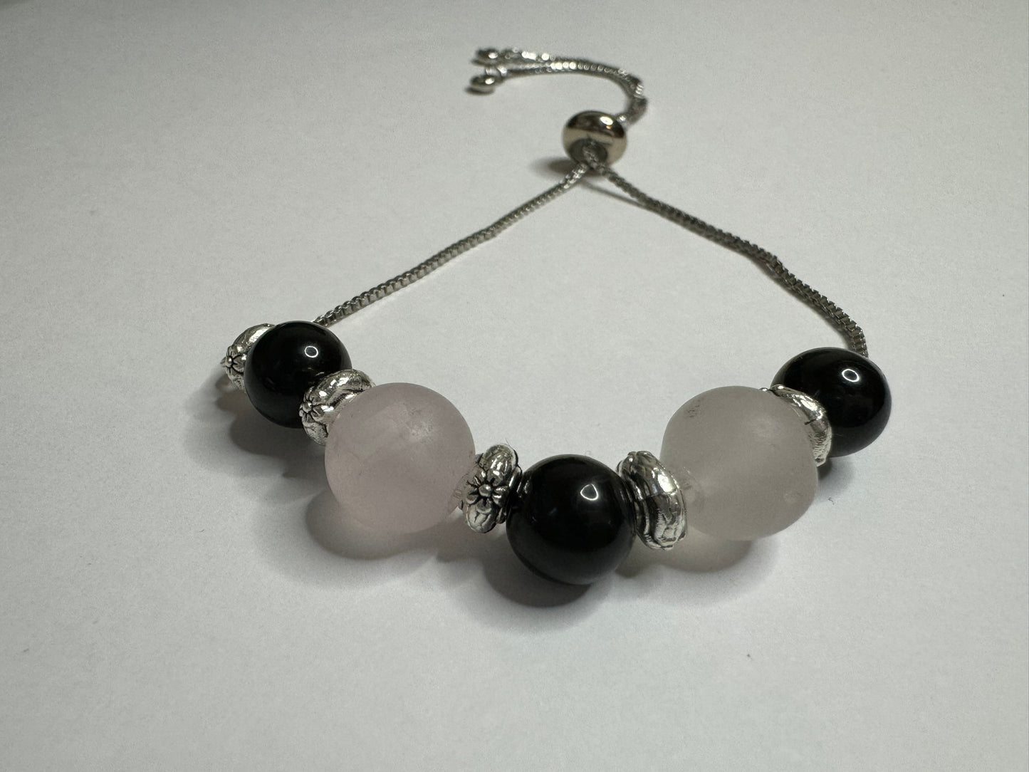 Rose Quartz and Black Tourmaline Slide Bracelet