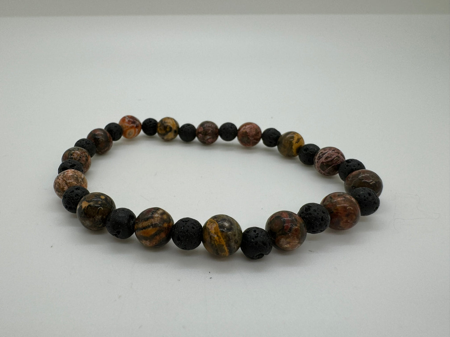 Leopard Skin Jasper and Lava RockStretch Bracelet - XL